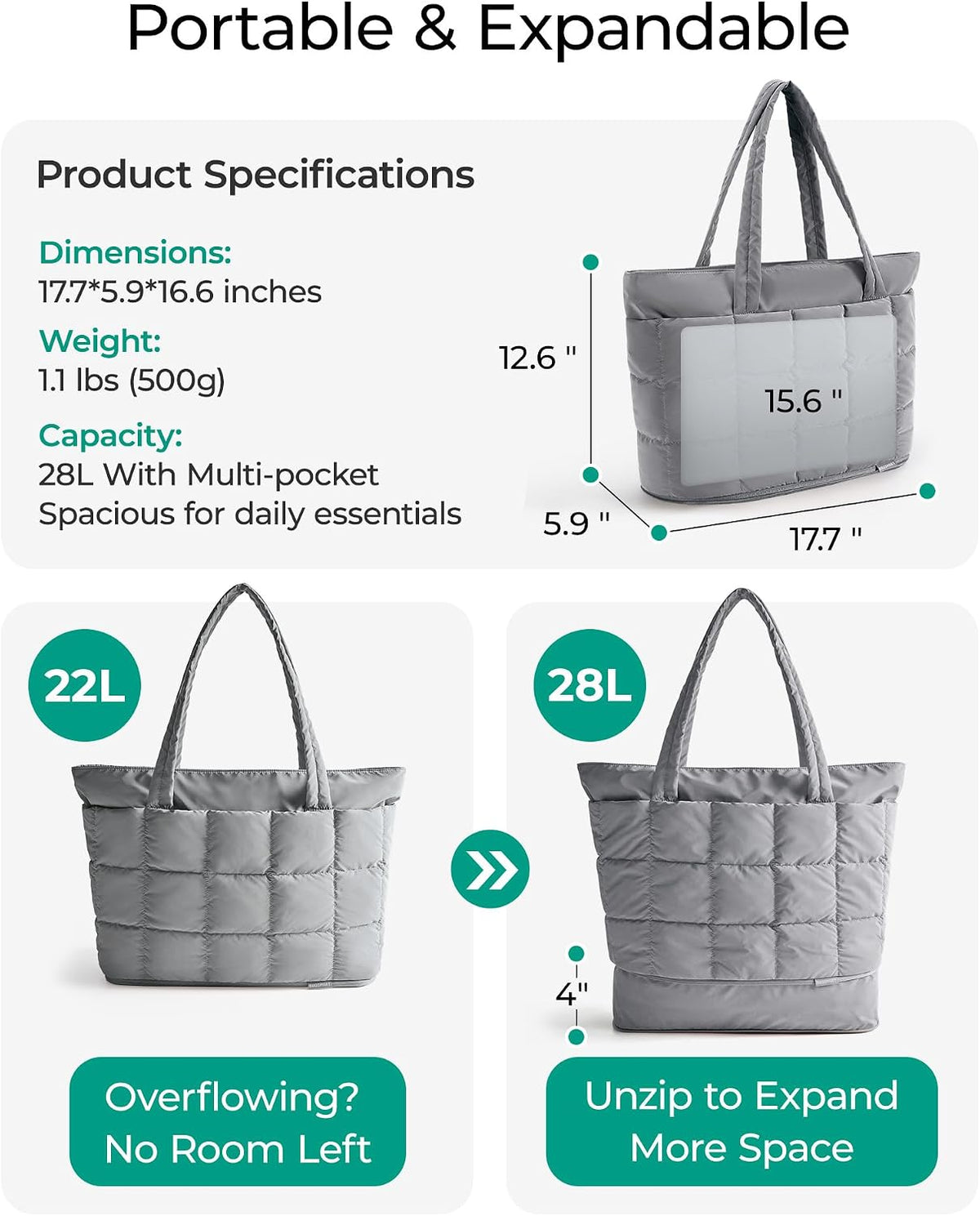 Expandable Tote Bag for Women, Puffer Work Tote Handbag, Quilted Carry On Bag for Travel Gym