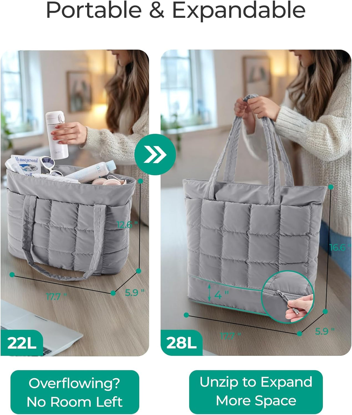 Expandable Tote Bag for Women, Puffer Work Tote Handbag, Quilted Carry On Bag for Travel Gym