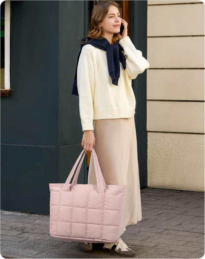 Expandable Tote Bag for Women, Puffer Work Tote Handbag, Quilted Carry On Bag for Travel Gym