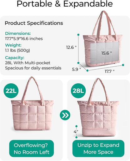 Expandable Tote Bag for Women, Puffer Work Tote Handbag, Quilted Carry On Bag for Travel Gym