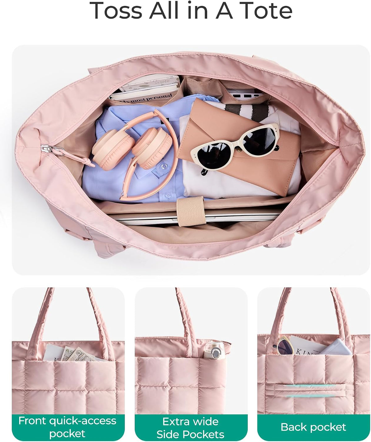 Expandable Tote Bag for Women, Puffer Work Tote Handbag, Quilted Carry On Bag for Travel Gym
