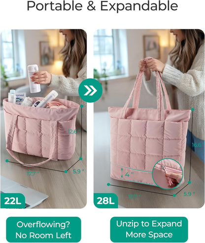 Expandable Tote Bag for Women, Puffer Work Tote Handbag, Quilted Carry On Bag for Travel Gym
