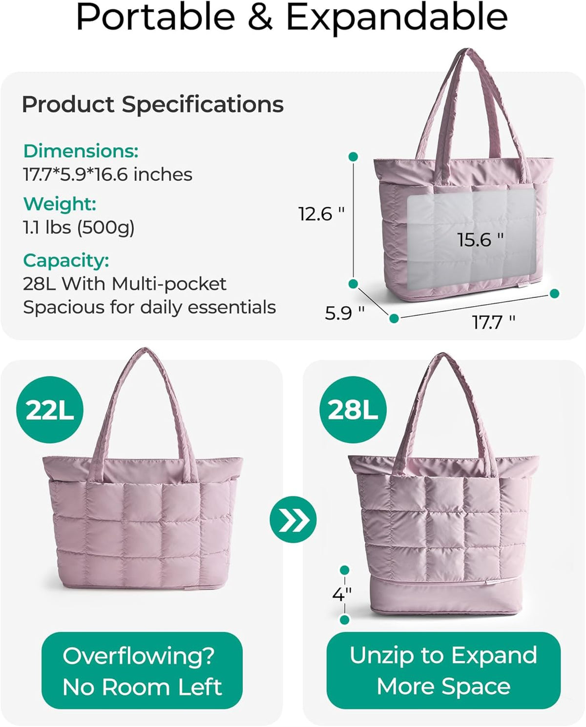 Expandable Tote Bag for Women, Puffer Work Tote Handbag, Quilted Carry On Bag for Travel Gym