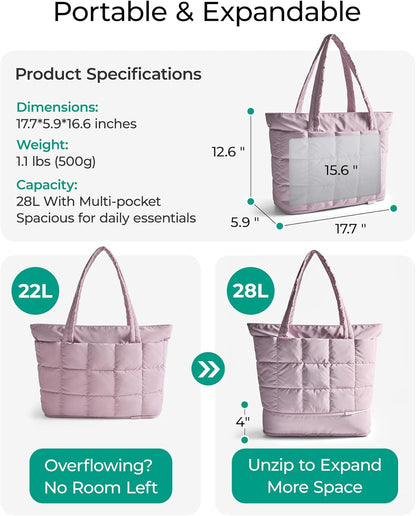 Expandable Tote Bag for Women, Puffer Work Tote Handbag, Quilted Carry On Bag for Travel Gym