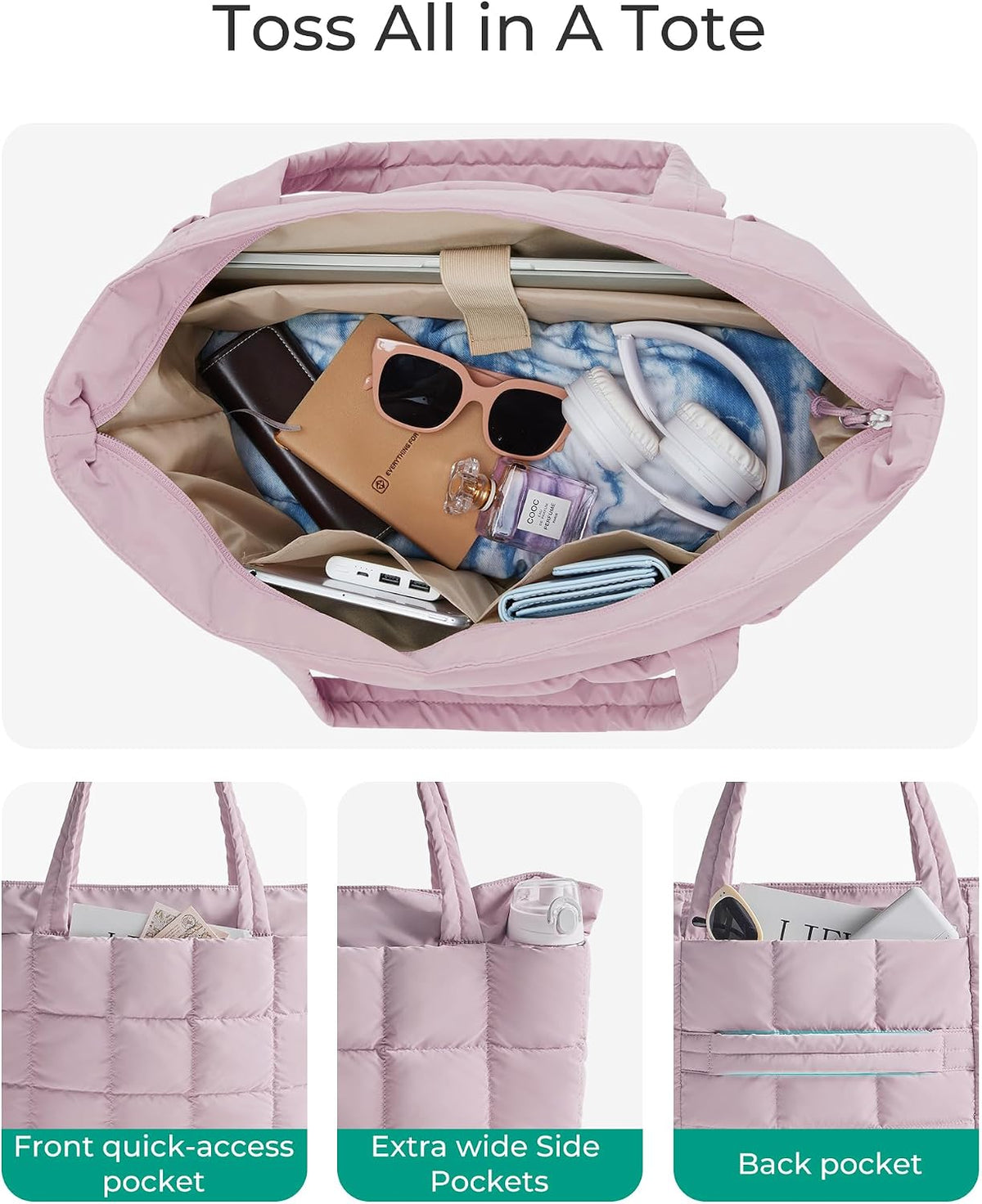 Expandable Tote Bag for Women, Puffer Work Tote Handbag, Quilted Carry On Bag for Travel Gym