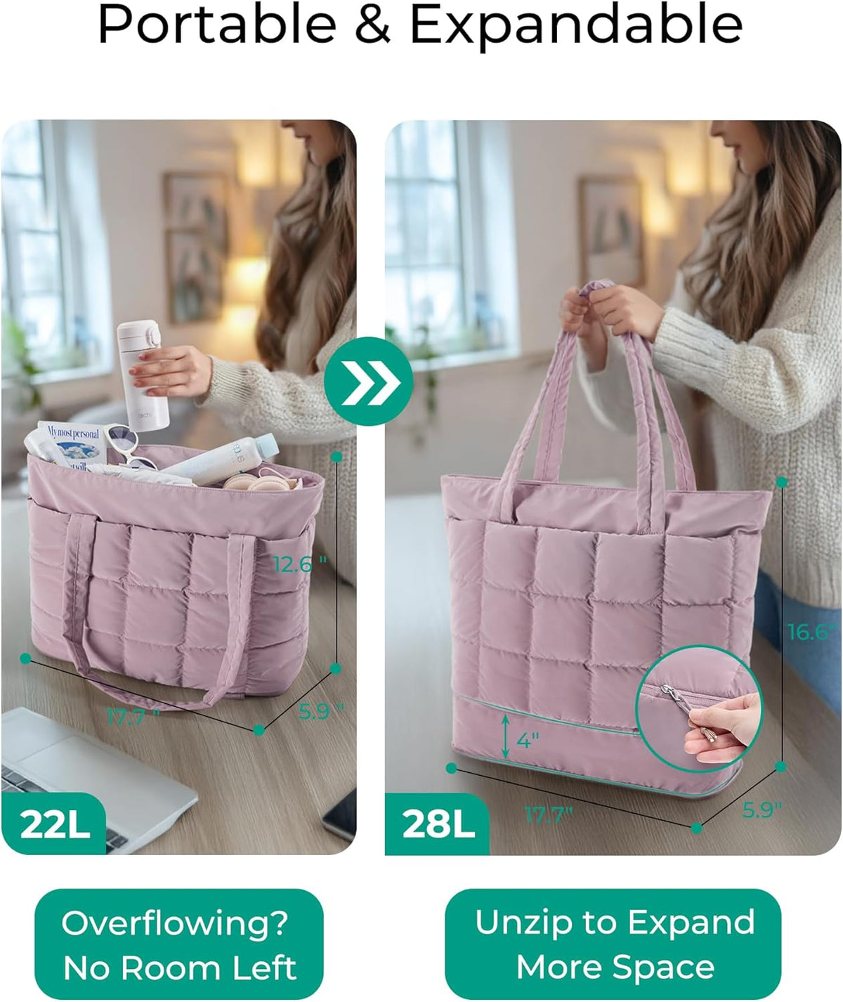 Expandable Tote Bag for Women, Puffer Work Tote Handbag, Quilted Carry On Bag for Travel Gym