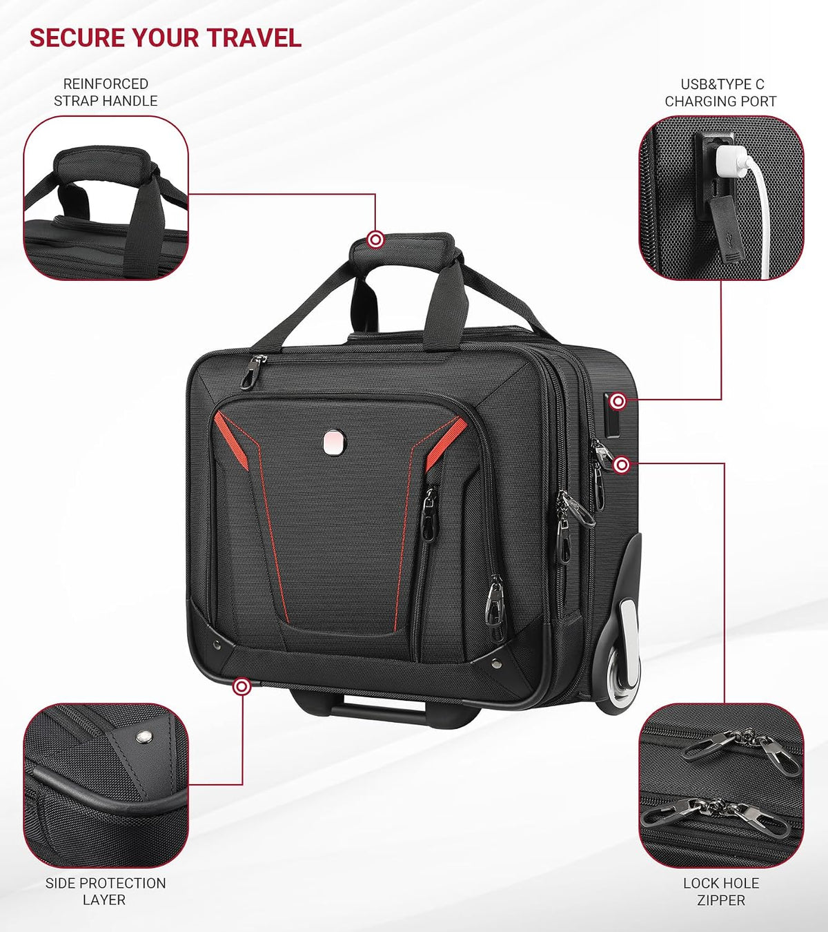 Rigid Frame Rolling Laptop Bag 18"×14"×8", Water-Resistant Rolling Briefcase with Wheels, Business Travel Computer Bag, Underseat Carry on Luggage for Men & Women
