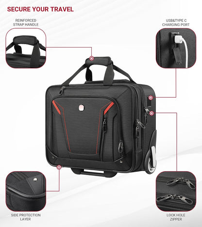 Rigid Frame Rolling Laptop Bag 18"×14"×8", Water-Resistant Rolling Briefcase with Wheels, Business Travel Computer Bag, Underseat Carry on Luggage for Men & Women