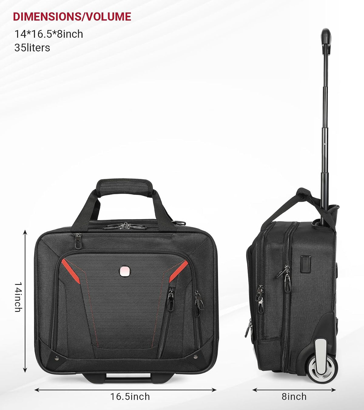 Rigid Frame Rolling Laptop Bag 18"×14"×8", Water-Resistant Rolling Briefcase with Wheels, Business Travel Computer Bag, Underseat Carry on Luggage for Men & Women