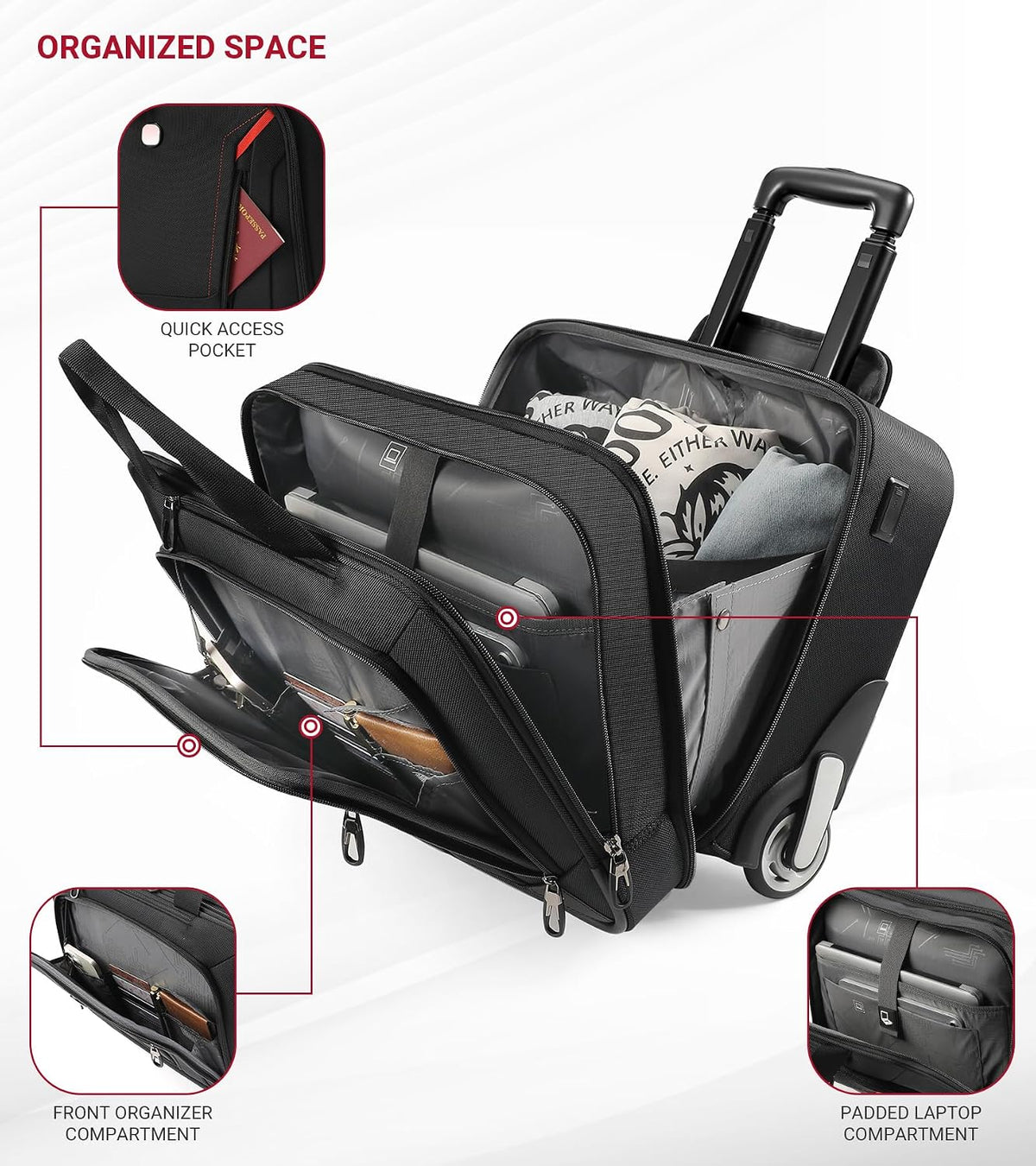 Rigid Frame Rolling Laptop Bag 18"×14"×8", Water-Resistant Rolling Briefcase with Wheels, Business Travel Computer Bag, Underseat Carry on Luggage for Men & Women