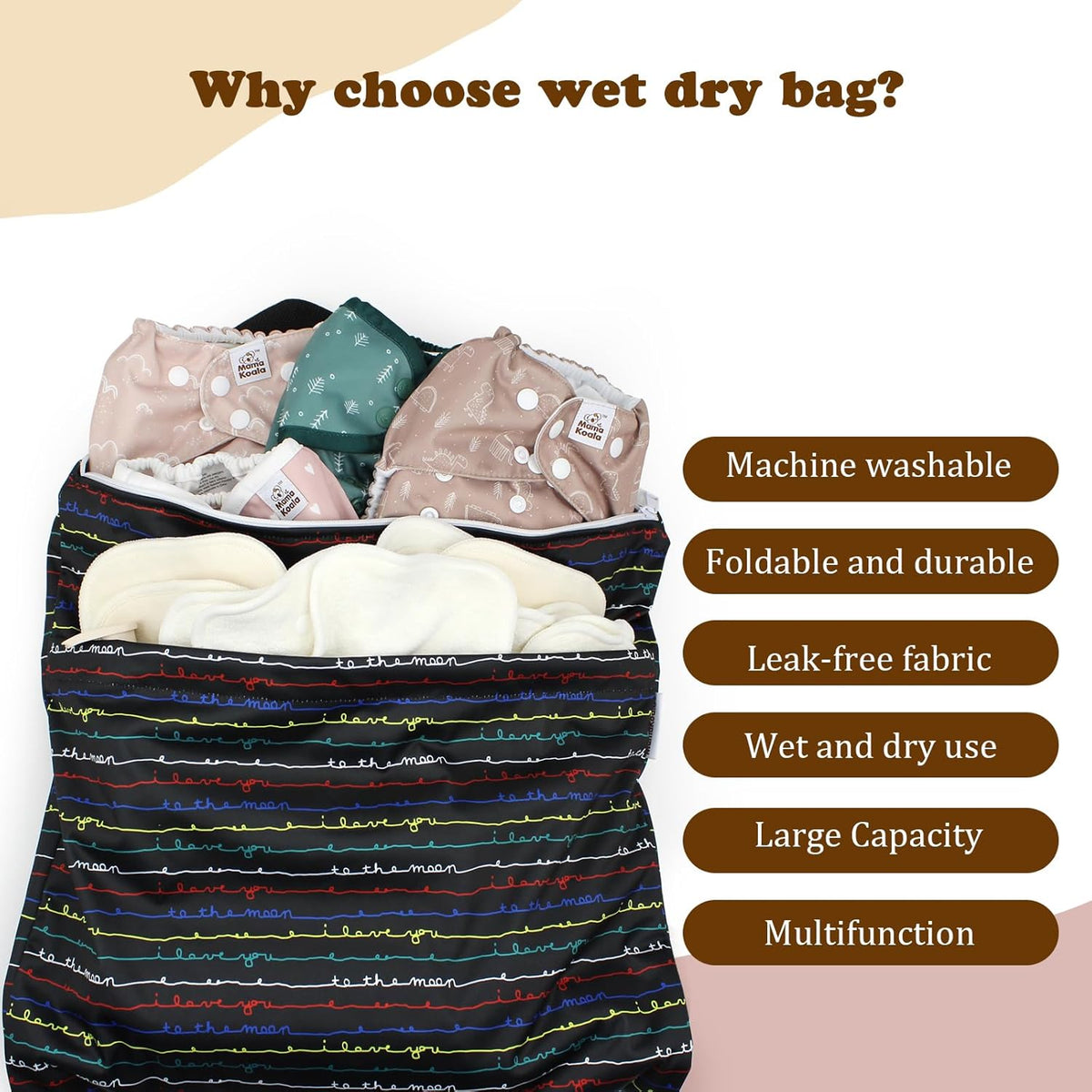 Reusable Hanging Wet Dry Bags for Baby Items, Cloth Diapers, Swimsuits, Travel, Gym Clothes, Beach, Pump Parts, Toiletries, Two Zippered Pockets, 2 Pack (W006L)