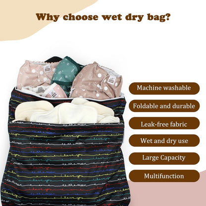 Reusable Hanging Wet Dry Bags for Baby Items, Cloth Diapers, Swimsuits, Travel, Gym Clothes, Beach, Pump Parts, Toiletries, Two Zippered Pockets, 2 Pack (W006L)