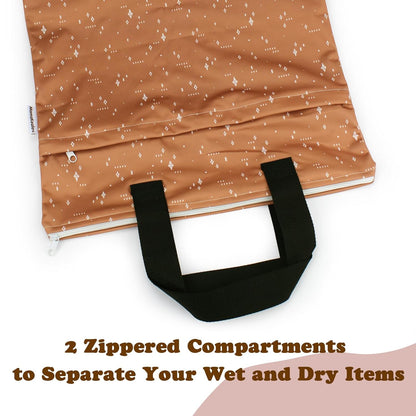 Reusable Hanging Wet Dry Bags for Baby Items, Cloth Diapers, Swimsuits, Travel, Gym Clothes, Beach, Pump Parts, Toiletries, Two Zippered Pockets, 2 Pack (W006L)