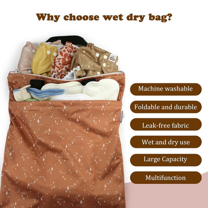 Reusable Hanging Wet Dry Bags for Baby Items, Cloth Diapers, Swimsuits, Travel, Gym Clothes, Beach, Pump Parts, Toiletries, Two Zippered Pockets, 2 Pack (W006L)