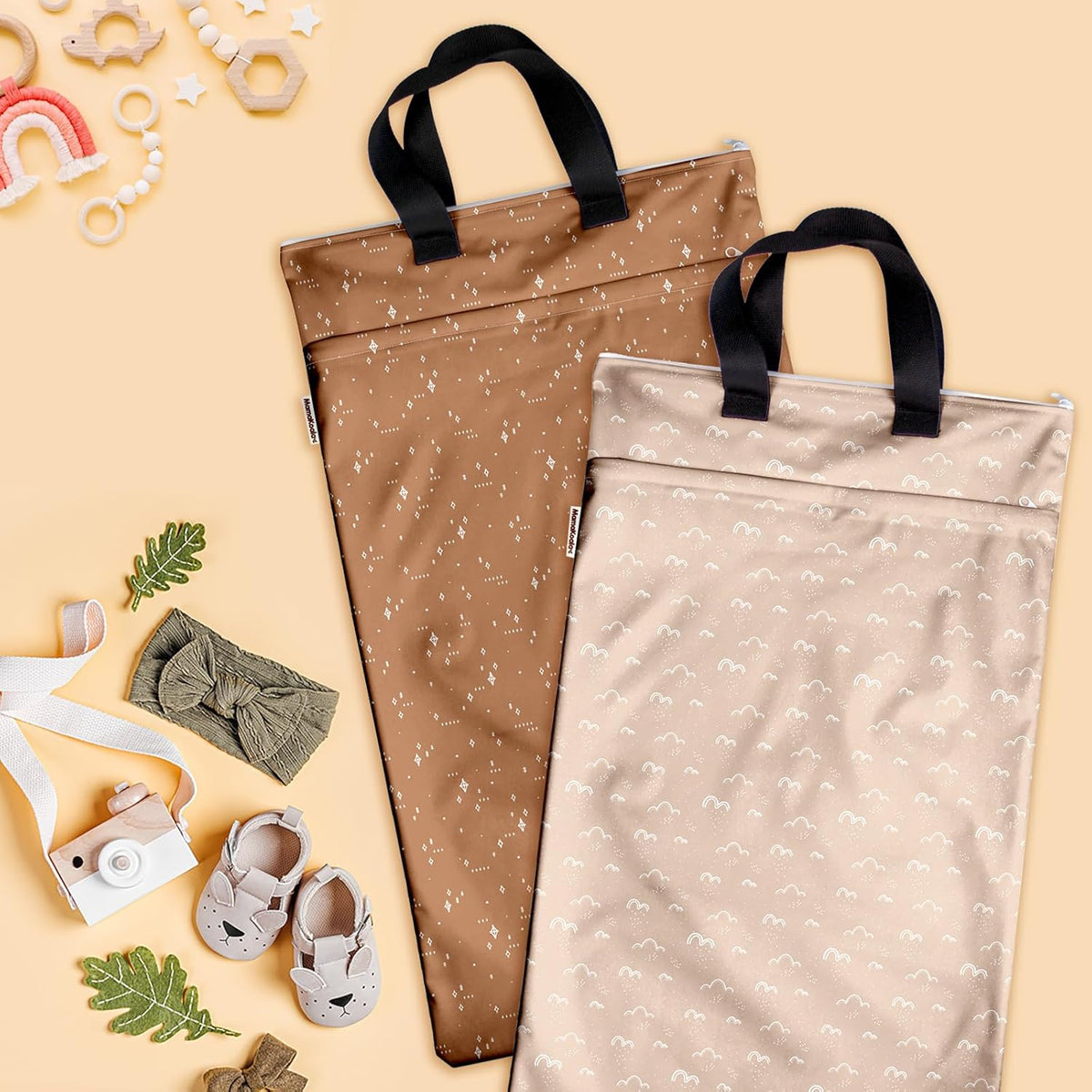 Reusable Hanging Wet Dry Bags for Baby Items, Cloth Diapers, Swimsuits, Travel, Gym Clothes, Beach, Pump Parts, Toiletries, Two Zippered Pockets, 2 Pack (W006L)