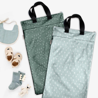 Reusable Hanging Wet Dry Bags for Baby Items, Cloth Diapers, Swimsuits, Travel, Gym Clothes, Beach, Pump Parts, Toiletries, Two Zippered Pockets, 2 Pack (W006L)