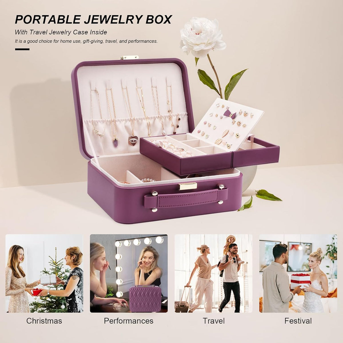Travel Jewelry Case Large, Jewelry Box Large Jewelry Travel Organizer Jewelry Case with Handle, Best Gift for women Girls, Grey