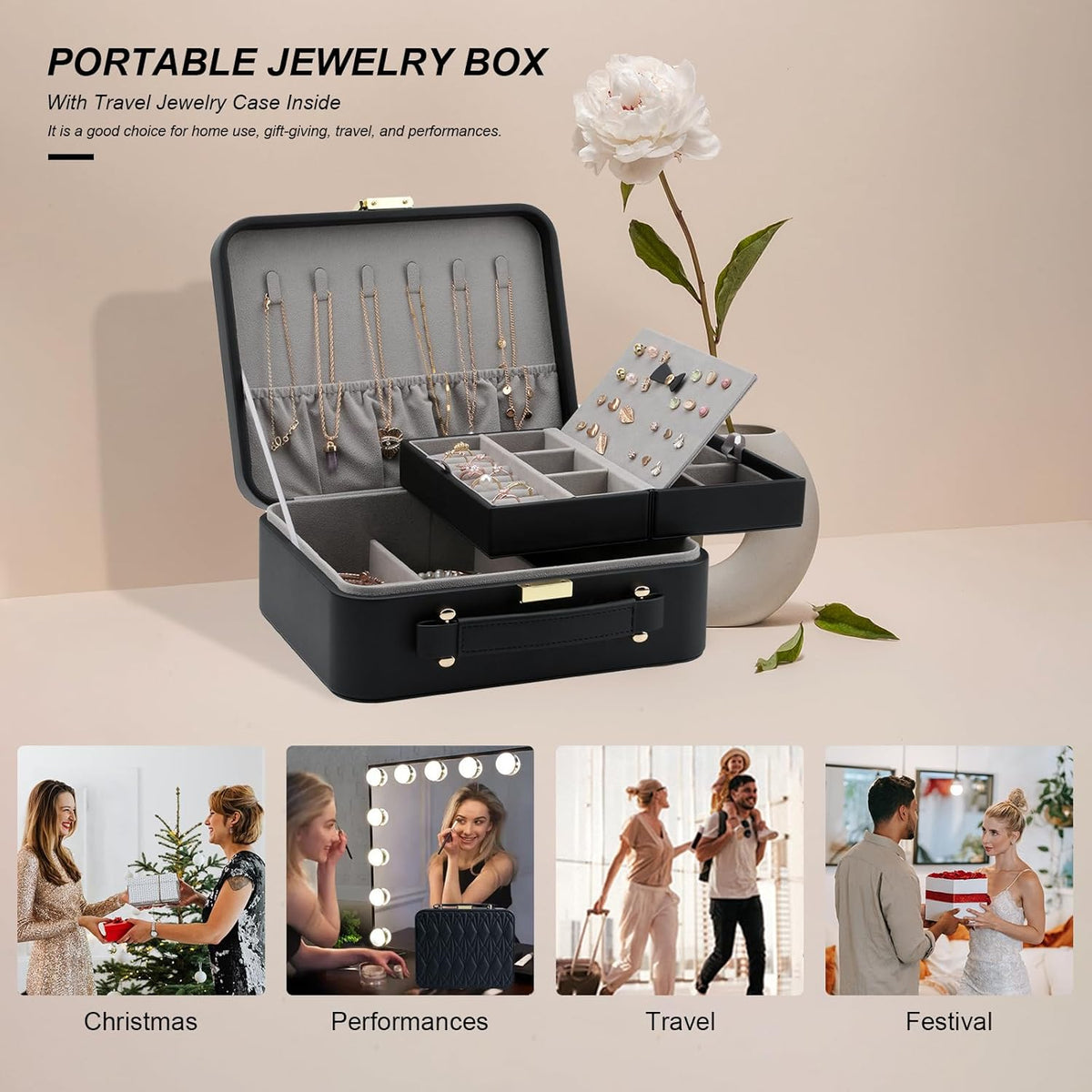 Travel Jewelry Case Large, Jewelry Box Large Jewelry Travel Organizer Jewelry Case with Handle, Best Gift for women Girls, Grey