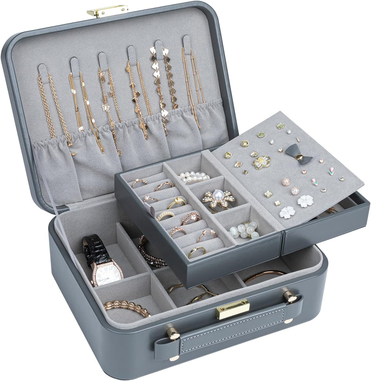 Travel Jewelry Case Large, Jewelry Box Large Jewelry Travel Organizer Jewelry Case with Handle, Best Gift for women Girls, Grey