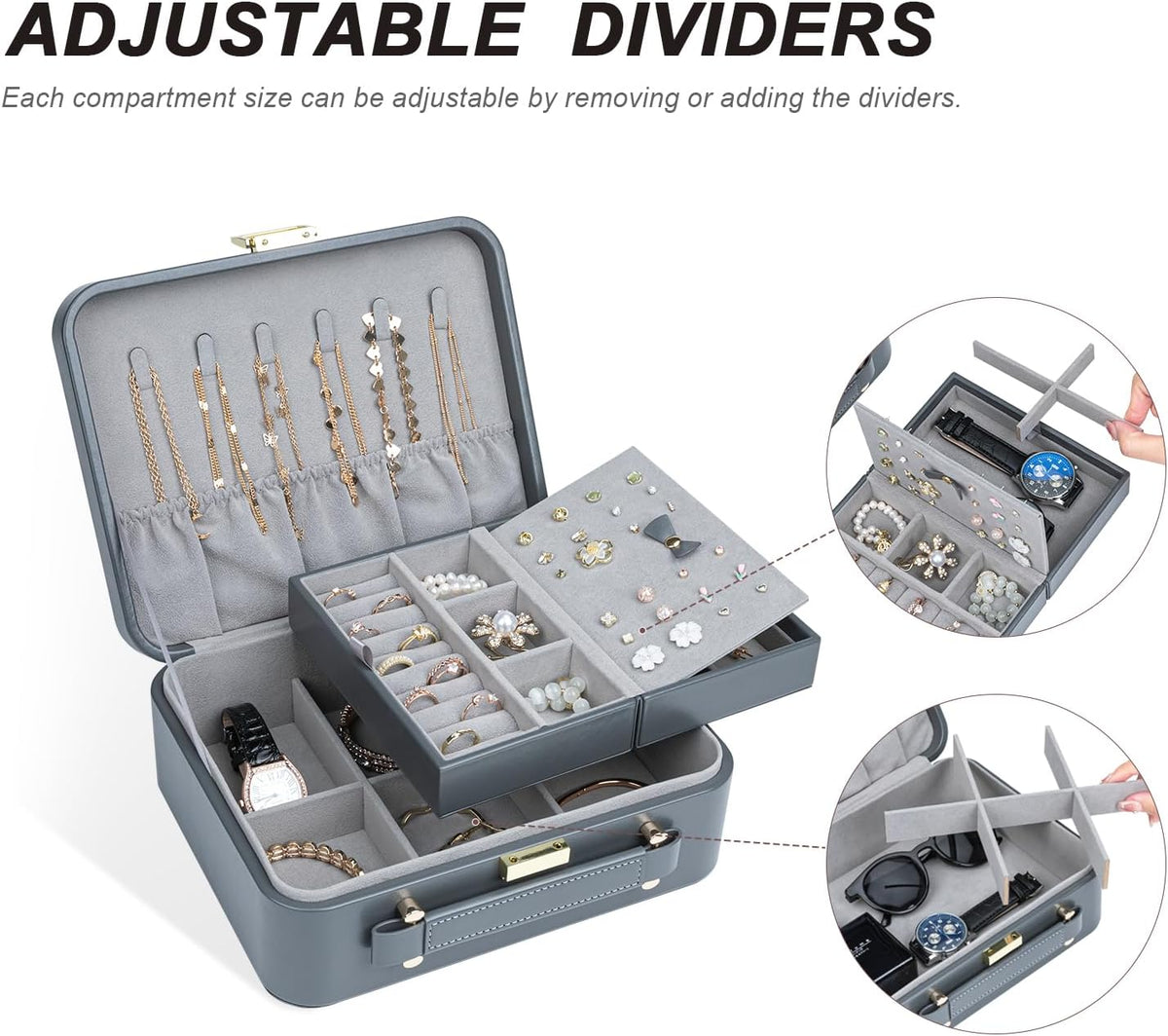 Travel Jewelry Case Large, Jewelry Box Large Jewelry Travel Organizer Jewelry Case with Handle, Best Gift for women Girls, Grey