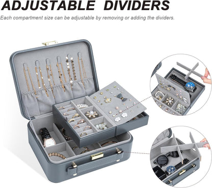 Travel Jewelry Case Large, Jewelry Box Large Jewelry Travel Organizer Jewelry Case with Handle, Best Gift for women Girls, Grey