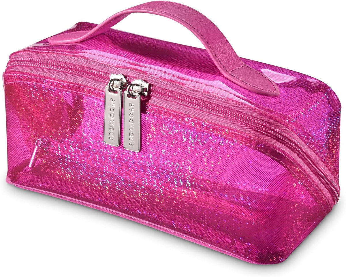 Makeup Bag Plush Makeup Case Open Flat Travel Toiletry | Accessories Organizer Cosmetic Bag With Handle and Divider Flat Lay make up bag for Cosmetics Brushes Toiletry Jewelry, Pink