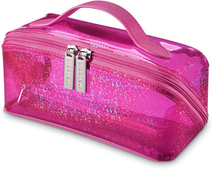 Makeup Bag Plush Makeup Case Open Flat Travel Toiletry | Accessories Organizer Cosmetic Bag With Handle and Divider Flat Lay make up bag for Cosmetics Brushes Toiletry Jewelry, Pink