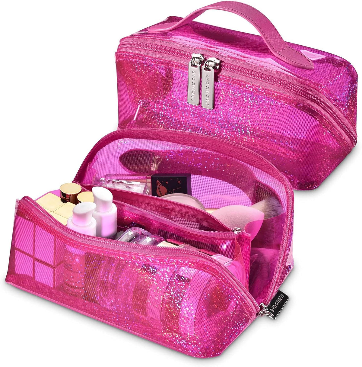 Makeup Bag Plush Makeup Case Open Flat Travel Toiletry | Accessories Organizer Cosmetic Bag With Handle and Divider Flat Lay make up bag for Cosmetics Brushes Toiletry Jewelry, Pink