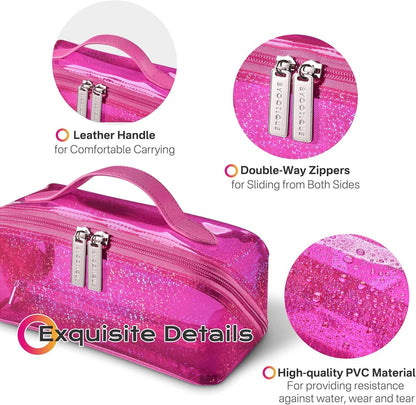Makeup Bag Plush Makeup Case Open Flat Travel Toiletry | Accessories Organizer Cosmetic Bag With Handle and Divider Flat Lay make up bag for Cosmetics Brushes Toiletry Jewelry, Pink