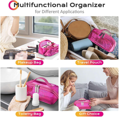 Makeup Bag Plush Makeup Case Open Flat Travel Toiletry | Accessories Organizer Cosmetic Bag With Handle and Divider Flat Lay make up bag for Cosmetics Brushes Toiletry Jewelry, Pink