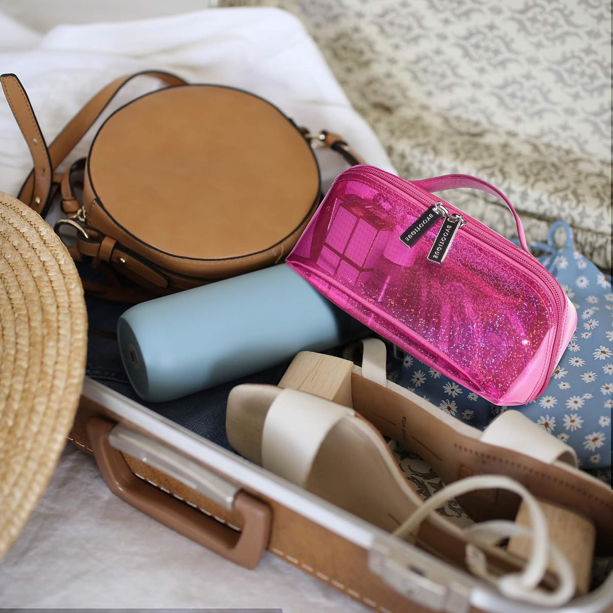 Makeup Bag Plush Makeup Case Open Flat Travel Toiletry | Accessories Organizer Cosmetic Bag With Handle and Divider Flat Lay make up bag for Cosmetics Brushes Toiletry Jewelry, Pink