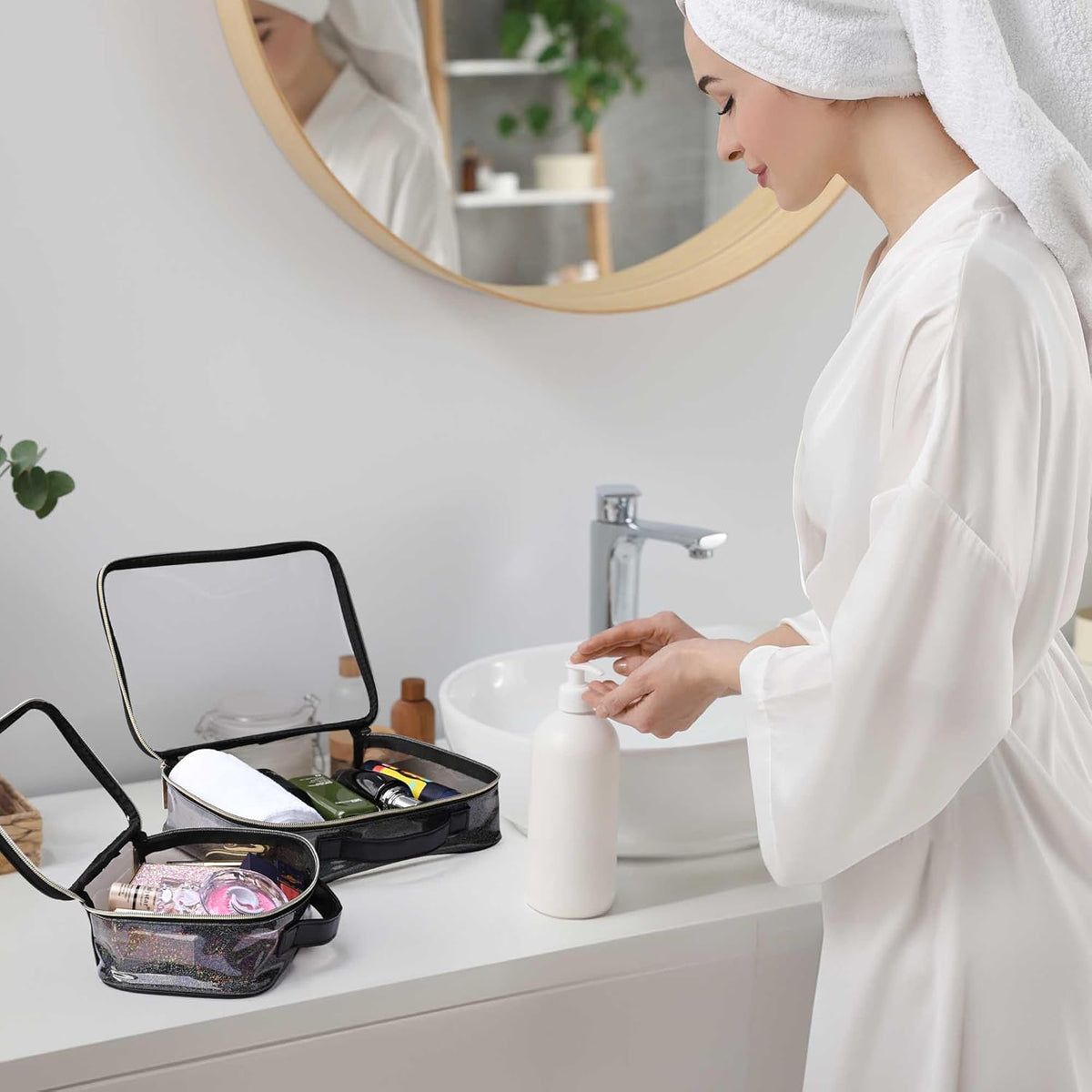 Makeup Bag Plush Makeup Case Open Flat Travel Toiletry | Accessories Organizer Cosmetic Bag With Handle and Divider Flat Lay make up bag for Cosmetics Brushes Toiletry Jewelry, Pink