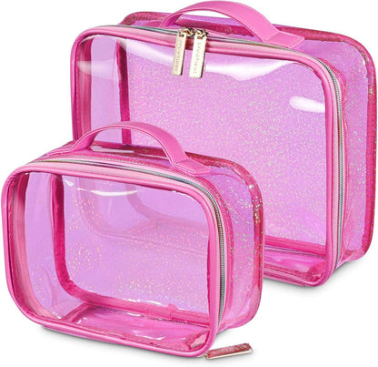 Makeup Bag Plush Makeup Case Open Flat Travel Toiletry | Accessories Organizer Cosmetic Bag With Handle and Divider Flat Lay make up bag for Cosmetics Brushes Toiletry Jewelry, Pink