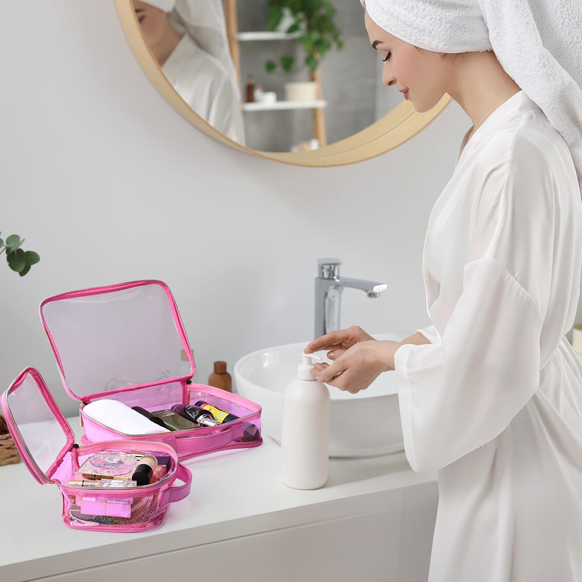 Makeup Bag Plush Makeup Case Open Flat Travel Toiletry | Accessories Organizer Cosmetic Bag With Handle and Divider Flat Lay make up bag for Cosmetics Brushes Toiletry Jewelry, Pink