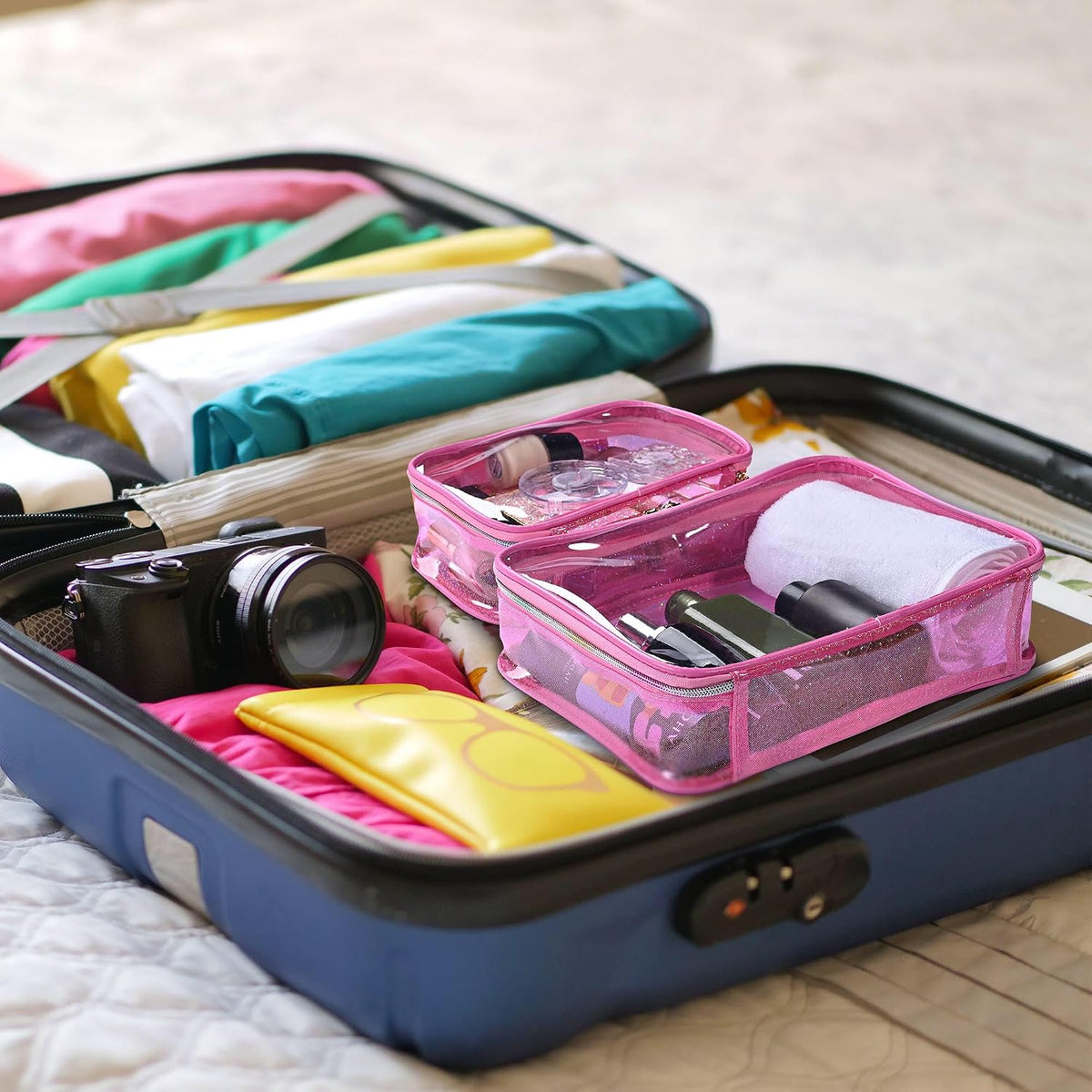 Makeup Bag Plush Makeup Case Open Flat Travel Toiletry | Accessories Organizer Cosmetic Bag With Handle and Divider Flat Lay make up bag for Cosmetics Brushes Toiletry Jewelry, Pink