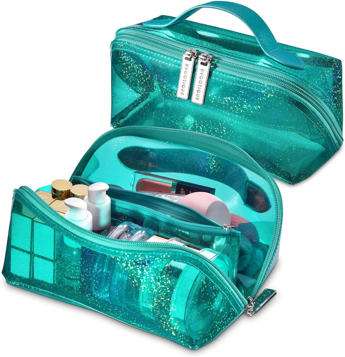 Makeup Bag Plush Makeup Case Open Flat Travel Toiletry | Accessories Organizer Cosmetic Bag With Handle and Divider Flat Lay make up bag for Cosmetics Brushes Toiletry Jewelry, Pink