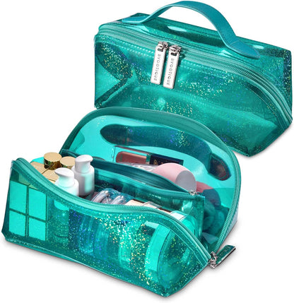 Makeup Bag Plush Makeup Case Open Flat Travel Toiletry | Accessories Organizer Cosmetic Bag With Handle and Divider Flat Lay make up bag for Cosmetics Brushes Toiletry Jewelry, Pink