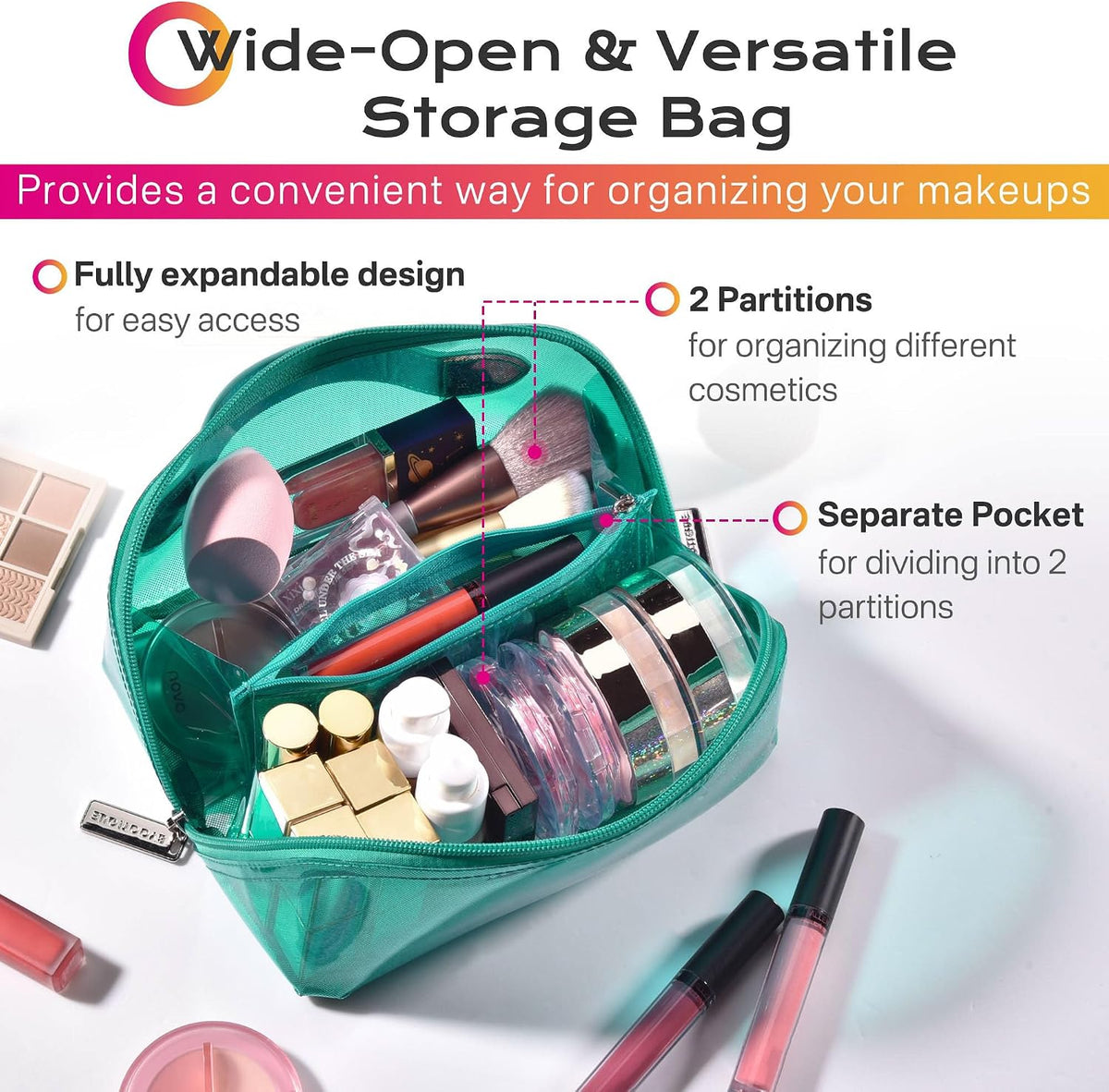 Makeup Bag Plush Makeup Case Open Flat Travel Toiletry | Accessories Organizer Cosmetic Bag With Handle and Divider Flat Lay make up bag for Cosmetics Brushes Toiletry Jewelry, Pink