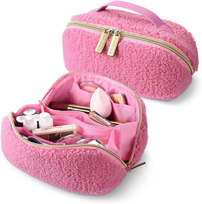 Makeup Bag Plush Makeup Case Open Flat Travel Toiletry | Accessories Organizer Cosmetic Bag With Handle and Divider Flat Lay make up bag for Cosmetics Brushes Toiletry Jewelry, Pink