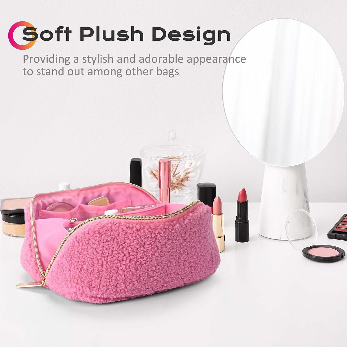 Makeup Bag Plush Makeup Case Open Flat Travel Toiletry | Accessories Organizer Cosmetic Bag With Handle and Divider Flat Lay make up bag for Cosmetics Brushes Toiletry Jewelry, Pink