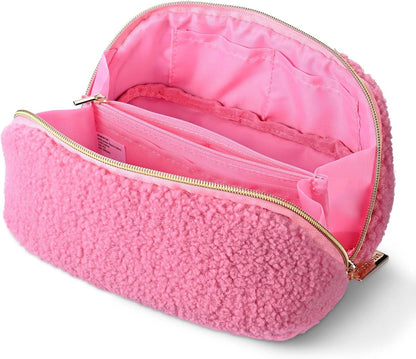 Makeup Bag Plush Makeup Case Open Flat Travel Toiletry | Accessories Organizer Cosmetic Bag With Handle and Divider Flat Lay make up bag for Cosmetics Brushes Toiletry Jewelry, Pink