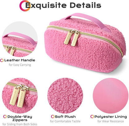 Makeup Bag Plush Makeup Case Open Flat Travel Toiletry | Accessories Organizer Cosmetic Bag With Handle and Divider Flat Lay make up bag for Cosmetics Brushes Toiletry Jewelry, Pink