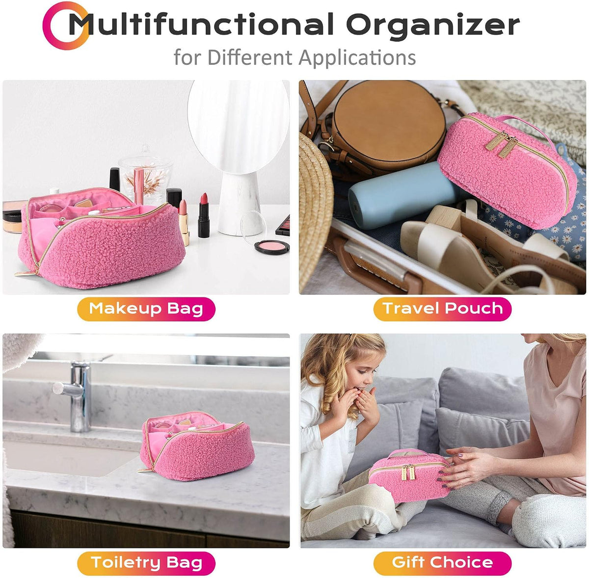 Makeup Bag Plush Makeup Case Open Flat Travel Toiletry | Accessories Organizer Cosmetic Bag With Handle and Divider Flat Lay make up bag for Cosmetics Brushes Toiletry Jewelry, Pink