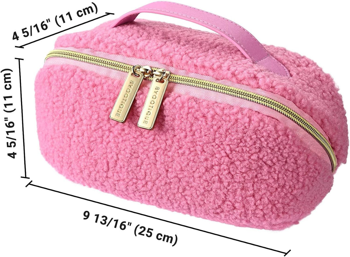 Makeup Bag Plush Makeup Case Open Flat Travel Toiletry | Accessories Organizer Cosmetic Bag With Handle and Divider Flat Lay make up bag for Cosmetics Brushes Toiletry Jewelry, Pink