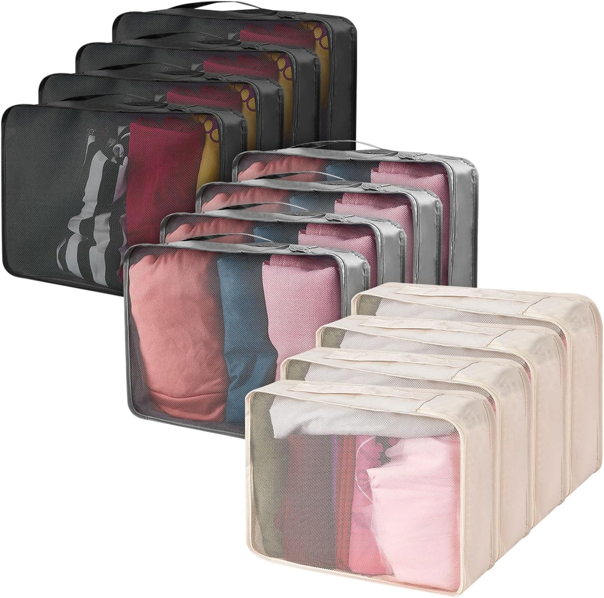 12 Pcs Packing Cubes for Suitcase Travel Luggage Bags Bulk Mesh Organizer Set for Hiking Camping Backpacking Clothes Accessories (Black,XL, L, M Size)