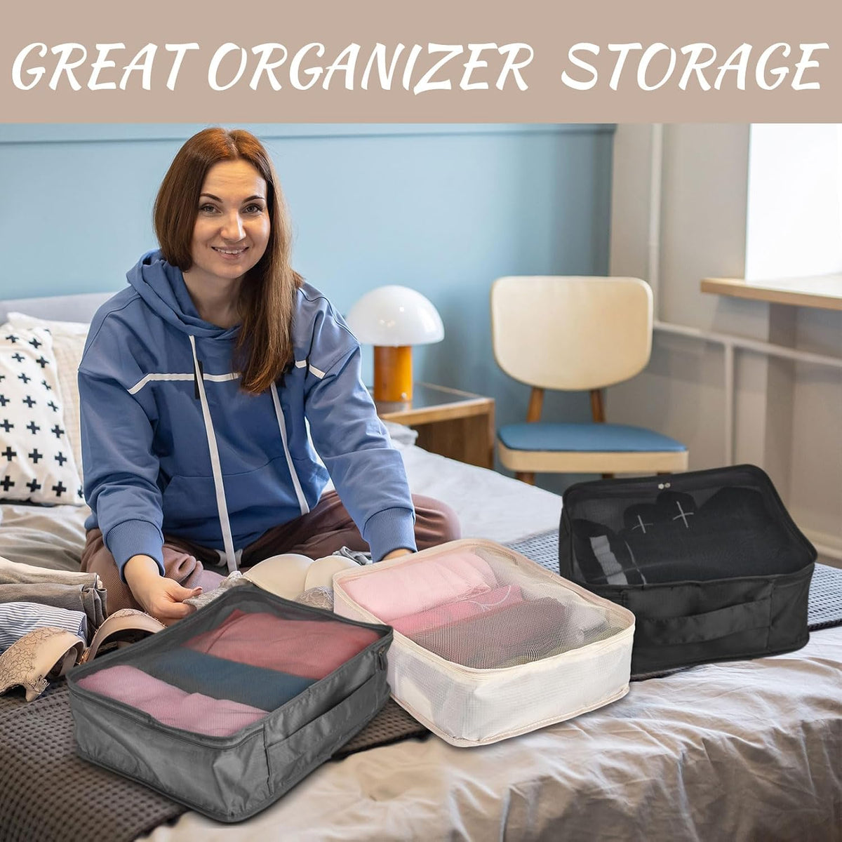 12 Pcs Packing Cubes for Suitcase Travel Luggage Bags Bulk Mesh Organizer Set for Hiking Camping Backpacking Clothes Accessories (Black,XL, L, M Size)