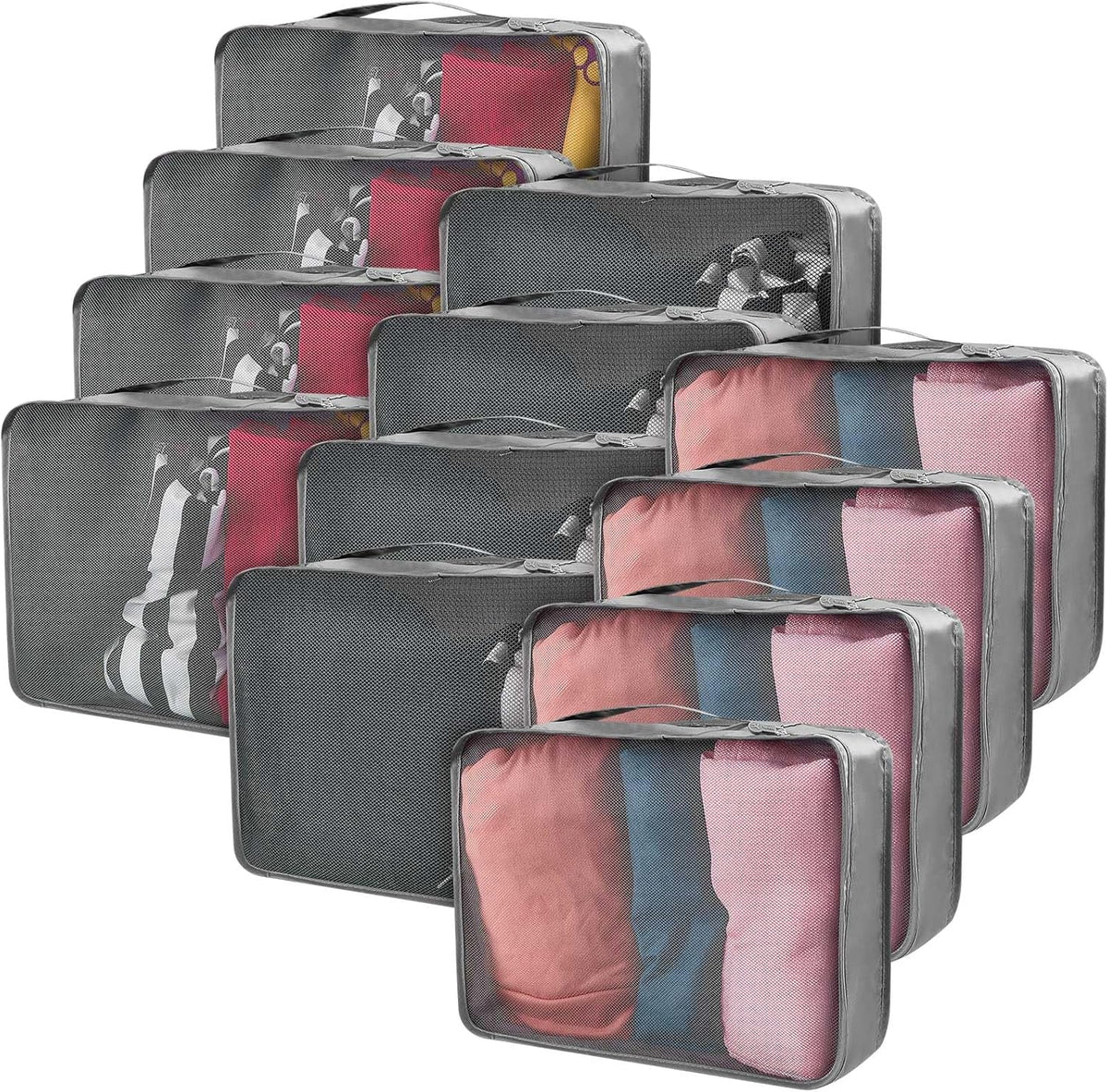 12 Pcs Packing Cubes for Suitcase Travel Luggage Bags Bulk Mesh Organizer Set for Hiking Camping Backpacking Clothes Accessories (Black,XL, L, M Size)