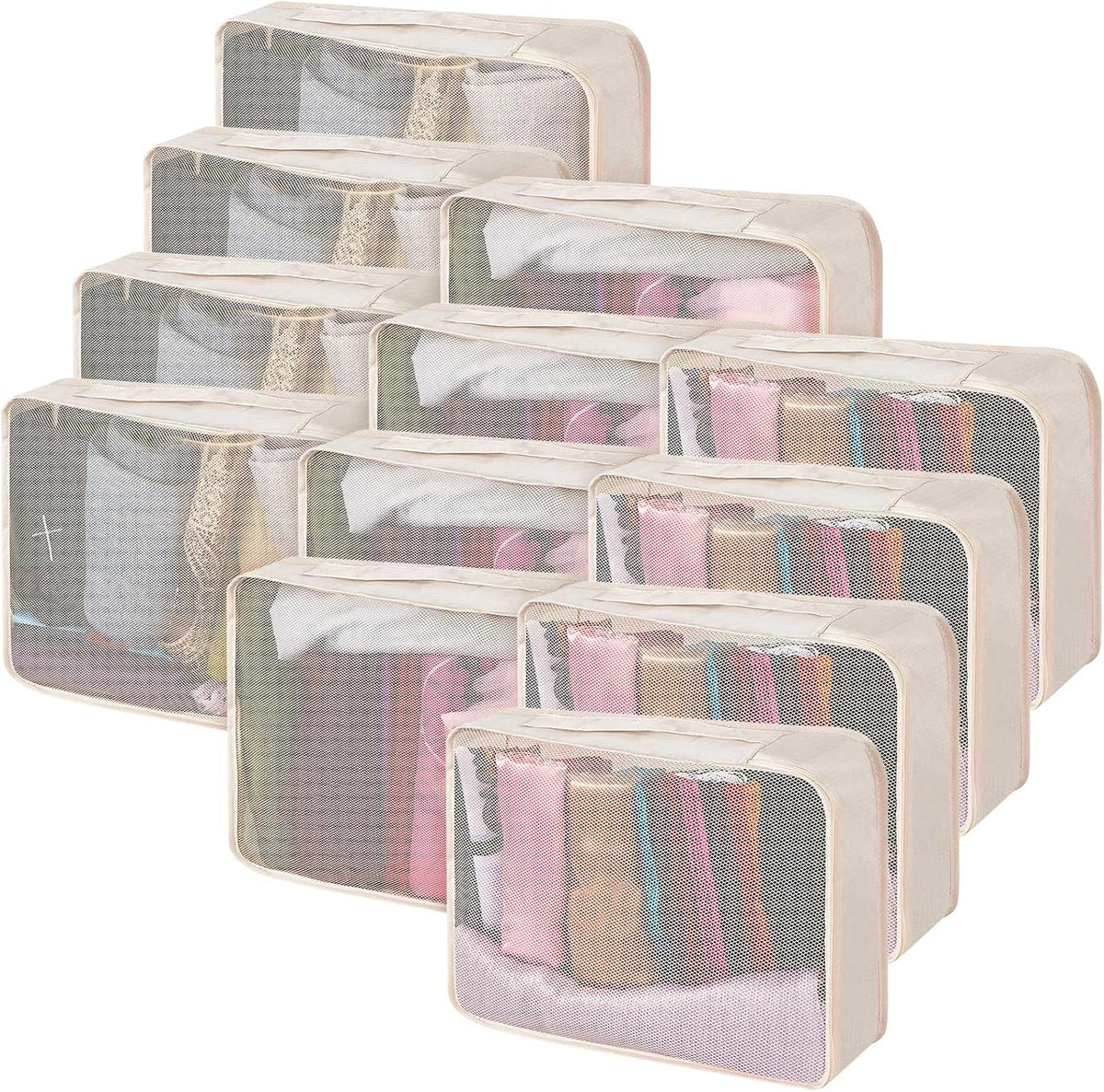 12 Pcs Packing Cubes for Suitcase Travel Luggage Bags Bulk Mesh Organizer Set for Hiking Camping Backpacking Clothes Accessories (Black,XL, L, M Size)