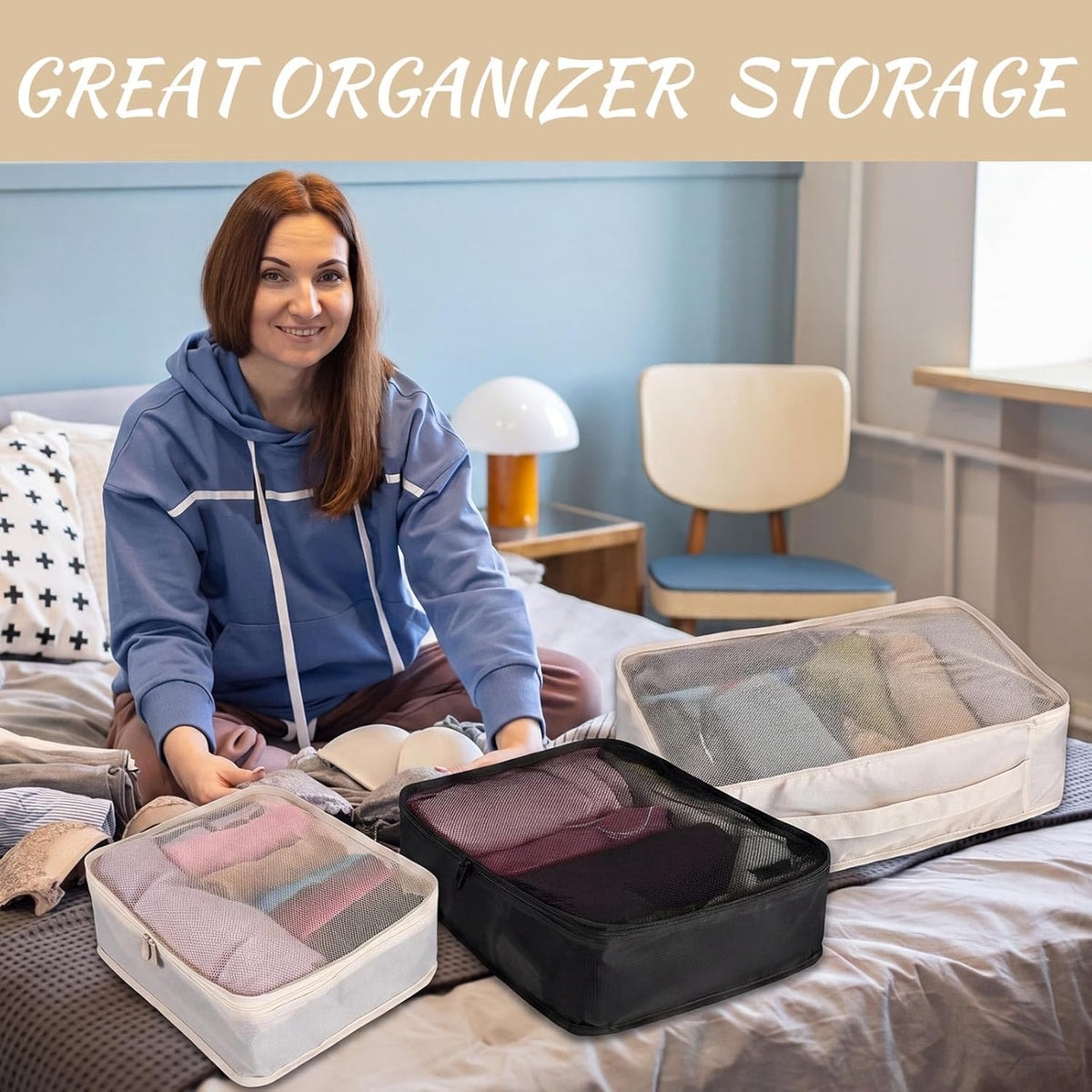 12 Pcs Packing Cubes for Suitcase Travel Luggage Bags Bulk Mesh Organizer Set for Hiking Camping Backpacking Clothes Accessories (Black,XL, L, M Size)