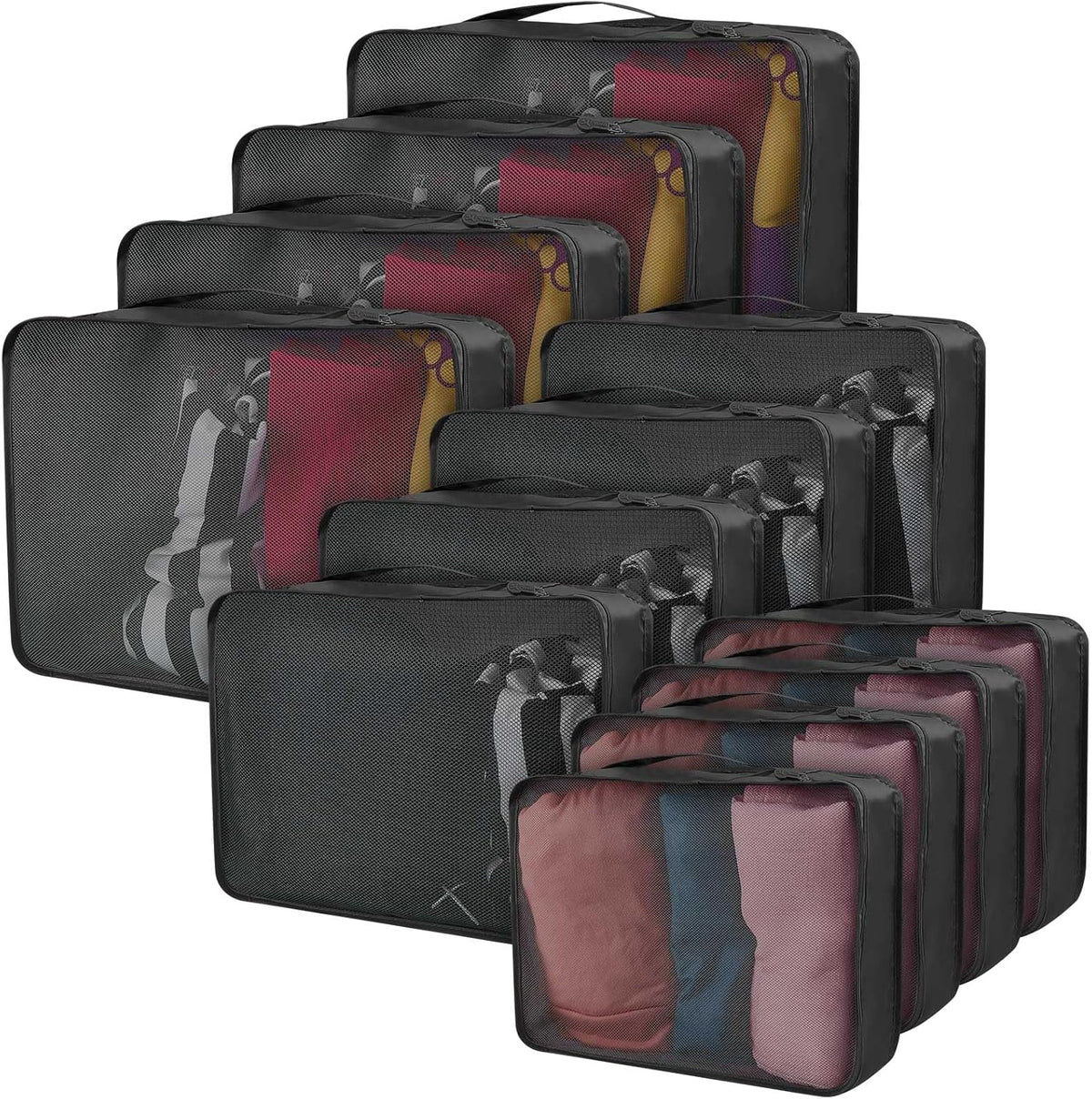 12 Pcs Packing Cubes for Suitcase Travel Luggage Bags Bulk Mesh Organizer Set for Hiking Camping Backpacking Clothes Accessories (Black,XL, L, M Size)